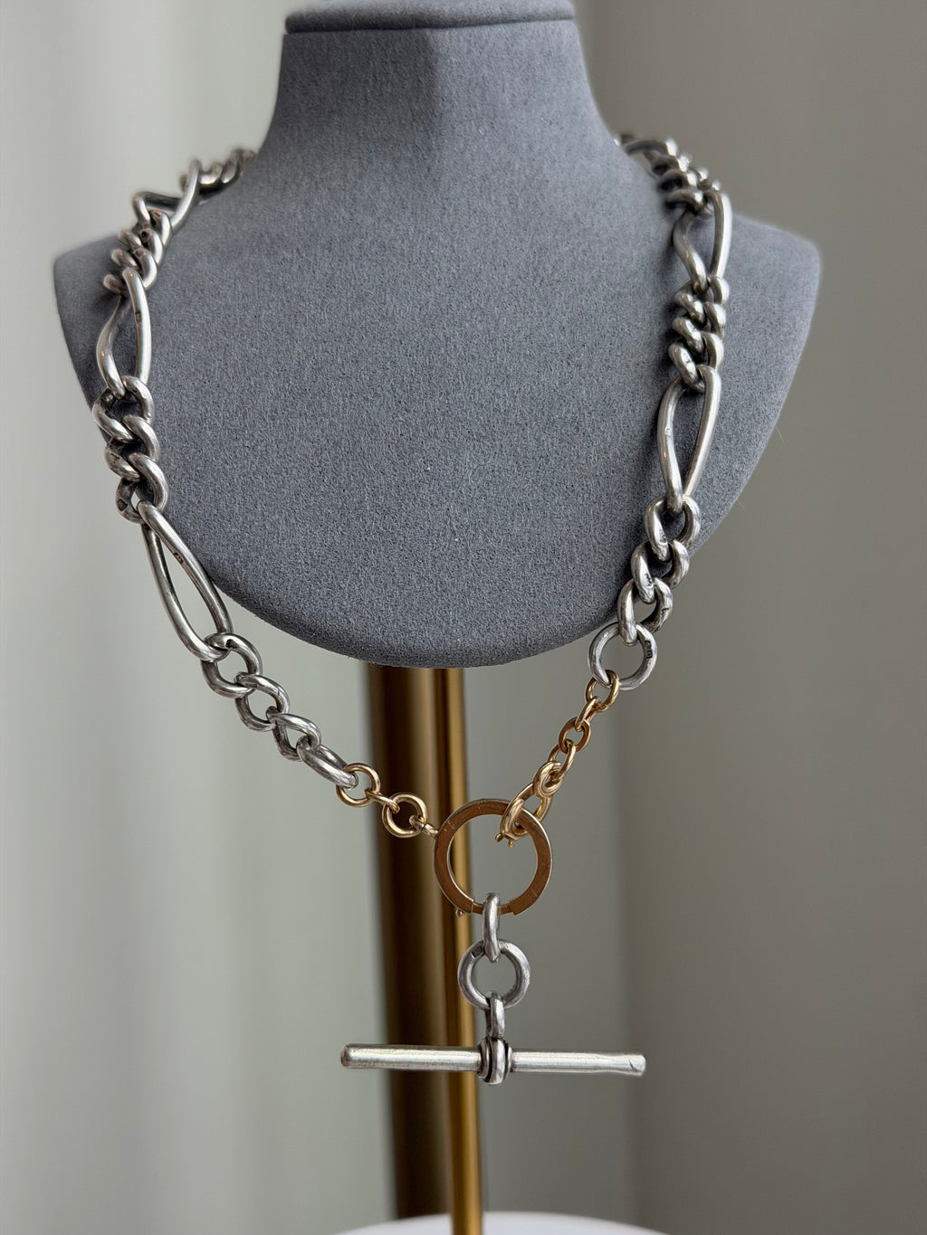 ANTIQUE SILVER & 14K GOLD ALBERT CHAIN