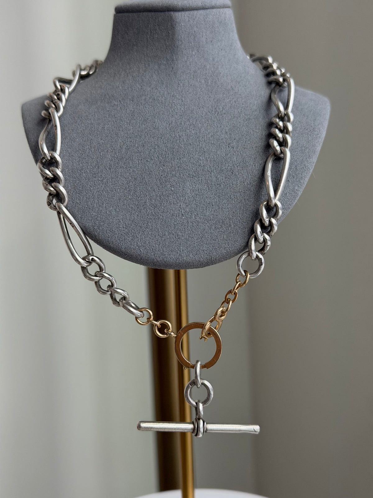 ANTIQUE SILVER & 14K GOLD ALBERT CHAIN
