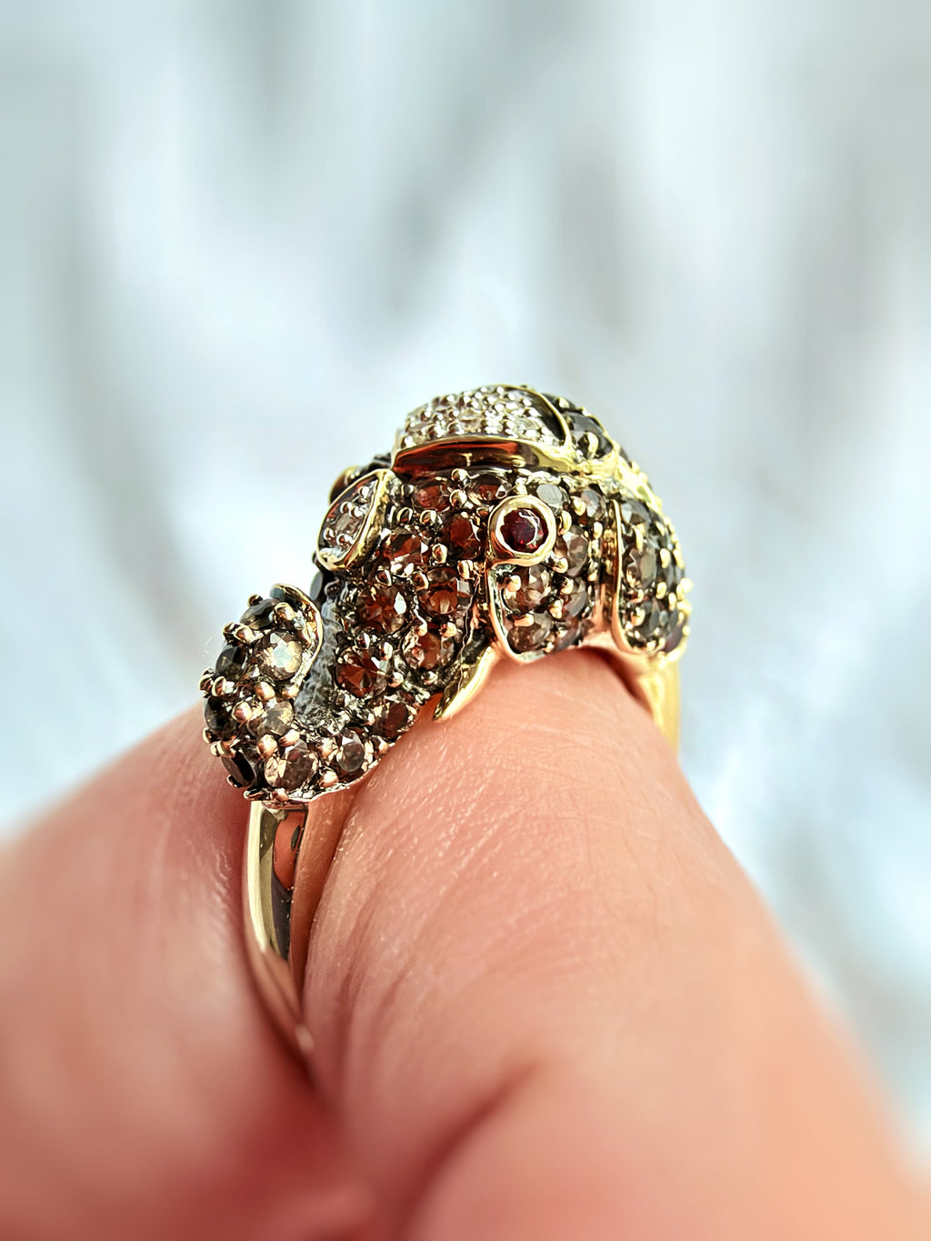14K GOLD ELEPHANT HEAD DIAMOND, SMOKY QUARTZ & GARNET RING