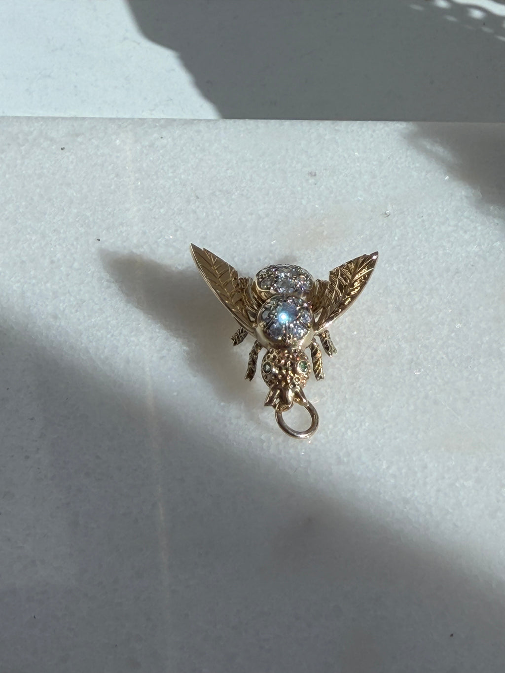 Vintage 14K Diamond Bee Pendant — Peridot Eyes