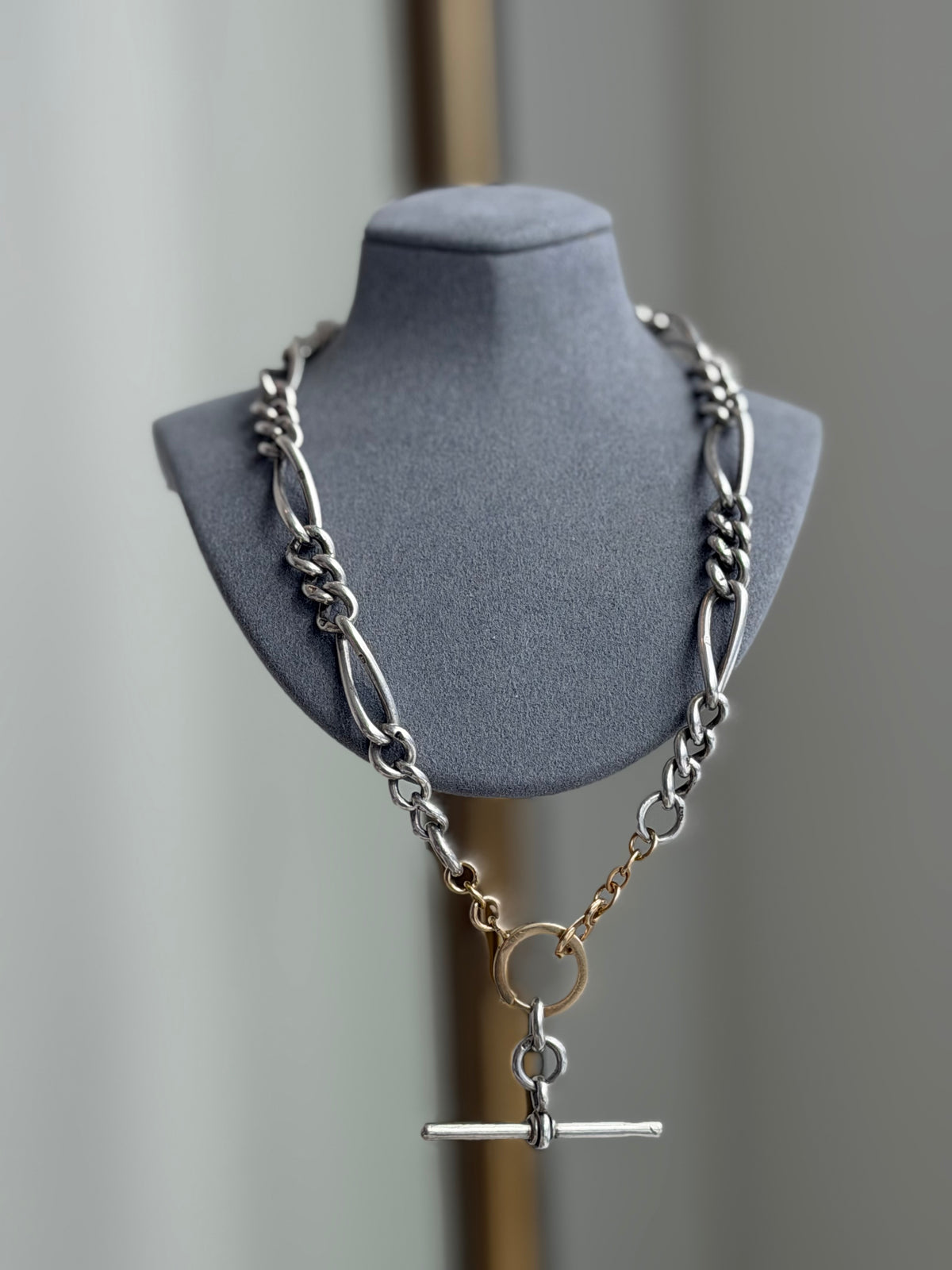 ANTIQUE SILVER & 14K GOLD ALBERT CHAIN