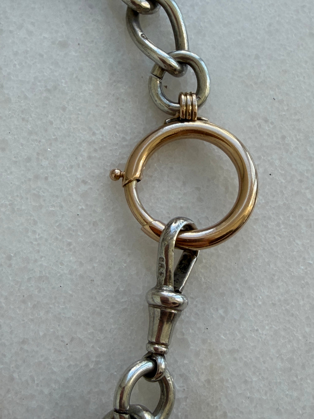 ANTIQUE 1914–15 STERLING SILVER ALBERT 15” chain & 14CT GOLD BOLT