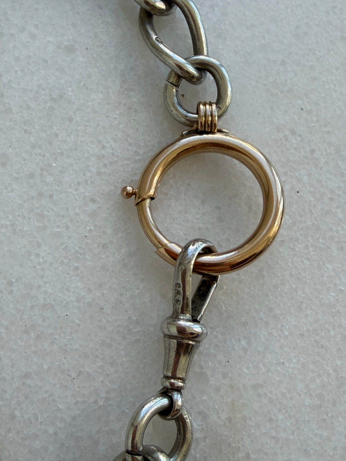 ANTIQUE 1914–15 STERLING SILVER ALBERT 15” chain & 14CT GOLD BOLT