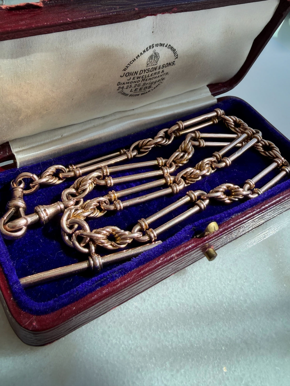Antique 9ct Rose Gold Fetter Trombone Albert Chain