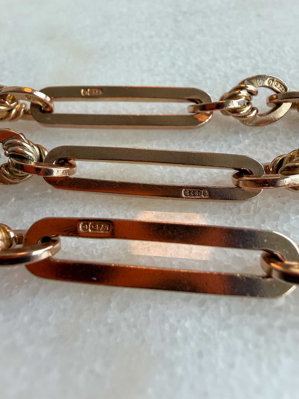 ANTIQUE 9CT GOLD TROMBONE & LOVERS KNOT DOUBLE ALBERT —BIRMINGHAM 1917