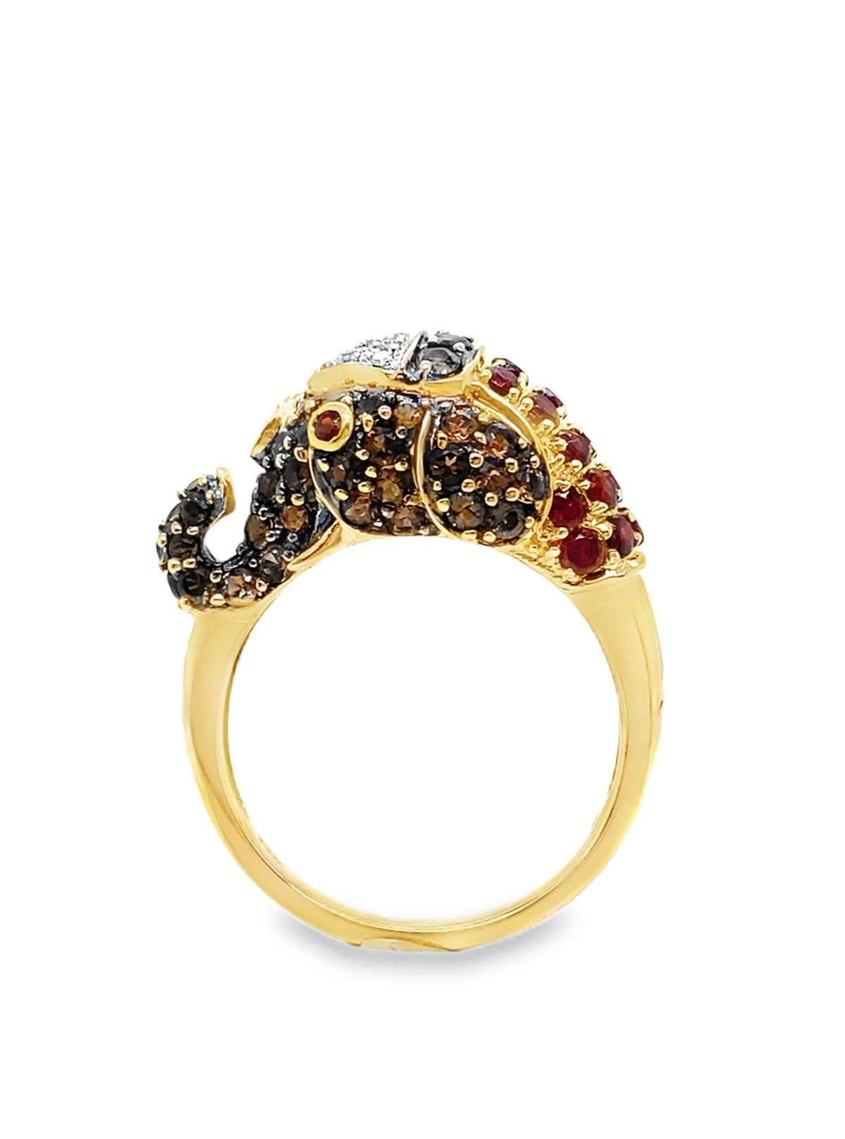 14K GOLD ELEPHANT HEAD DIAMOND, SMOKY QUARTZ & GARNET RING