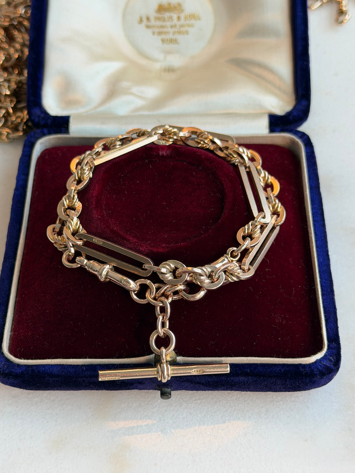 ANTIQUE 9CT GOLD TROMBONE & LOVERS KNOT DOUBLE ALBERT —BIRMINGHAM 1917