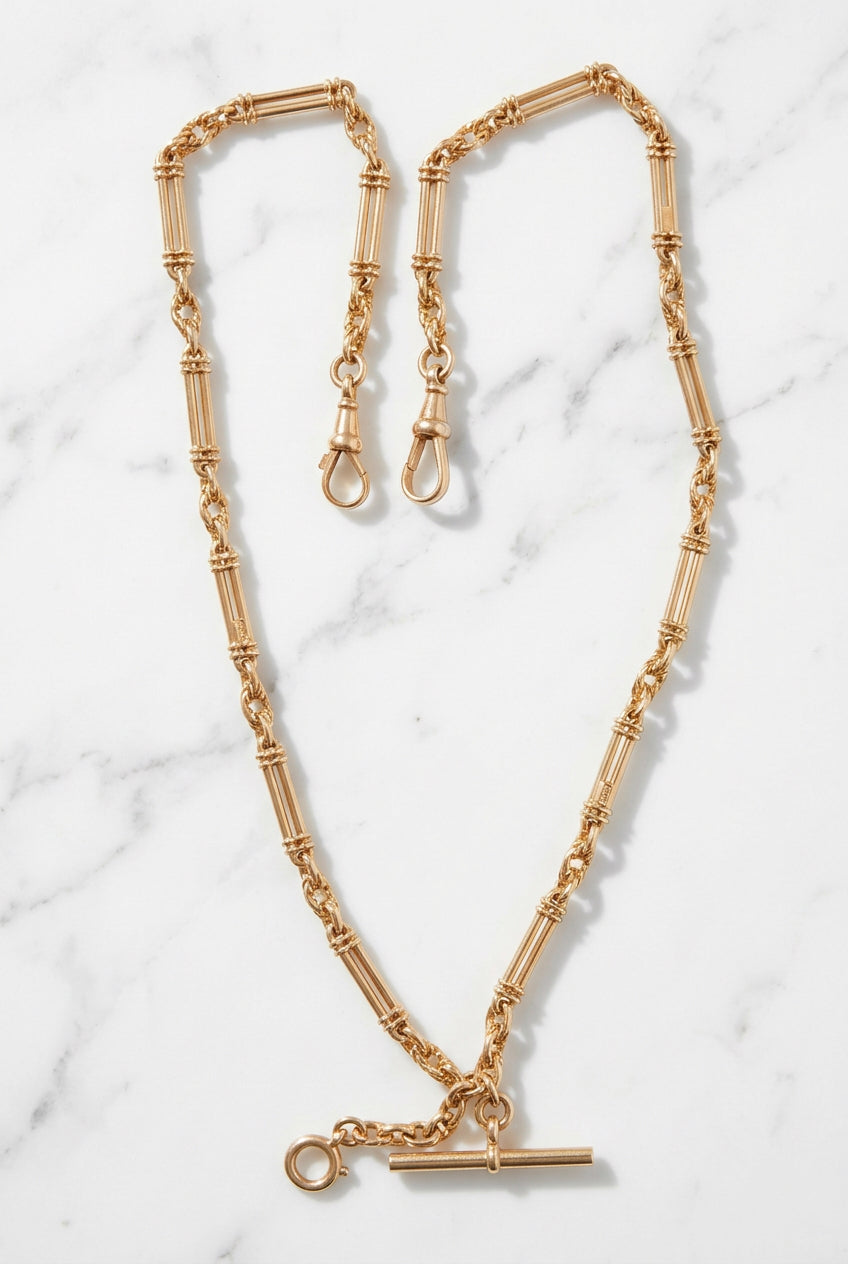 ANTIQUE 9CT GOLD FANCY TROMBONE ALBERT CHAIN