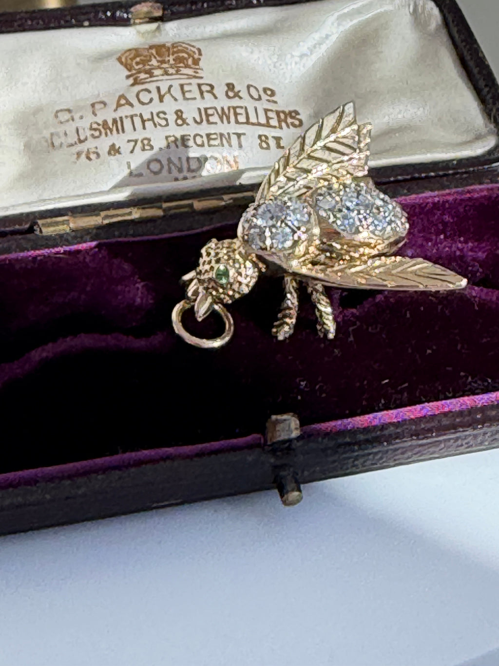 Vintage 14K Diamond Bee Pendant — Peridot Eyes