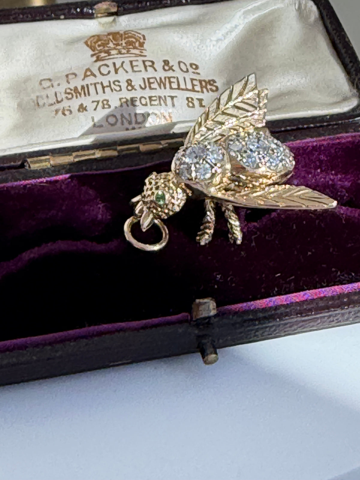 Vintage 14K Diamond Bee Pendant — Peridot Eyes