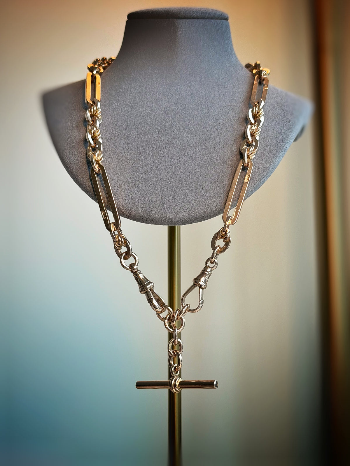 ANTIQUE 9CT GOLD TROMBONE & LOVERS KNOT DOUBLE ALBERT —BIRMINGHAM 1917