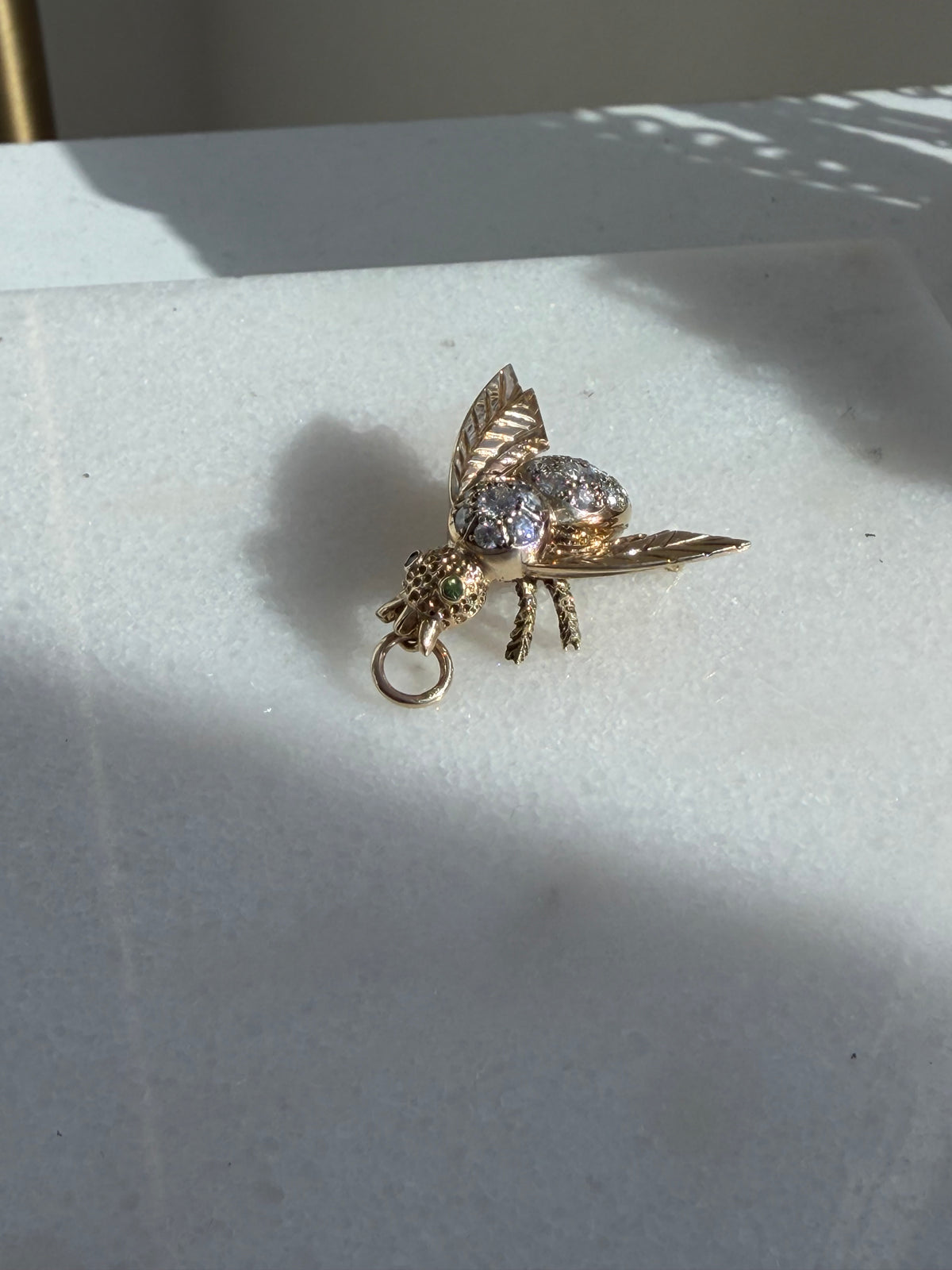 Vintage 14K Diamond Bee Pendant — Peridot Eyes