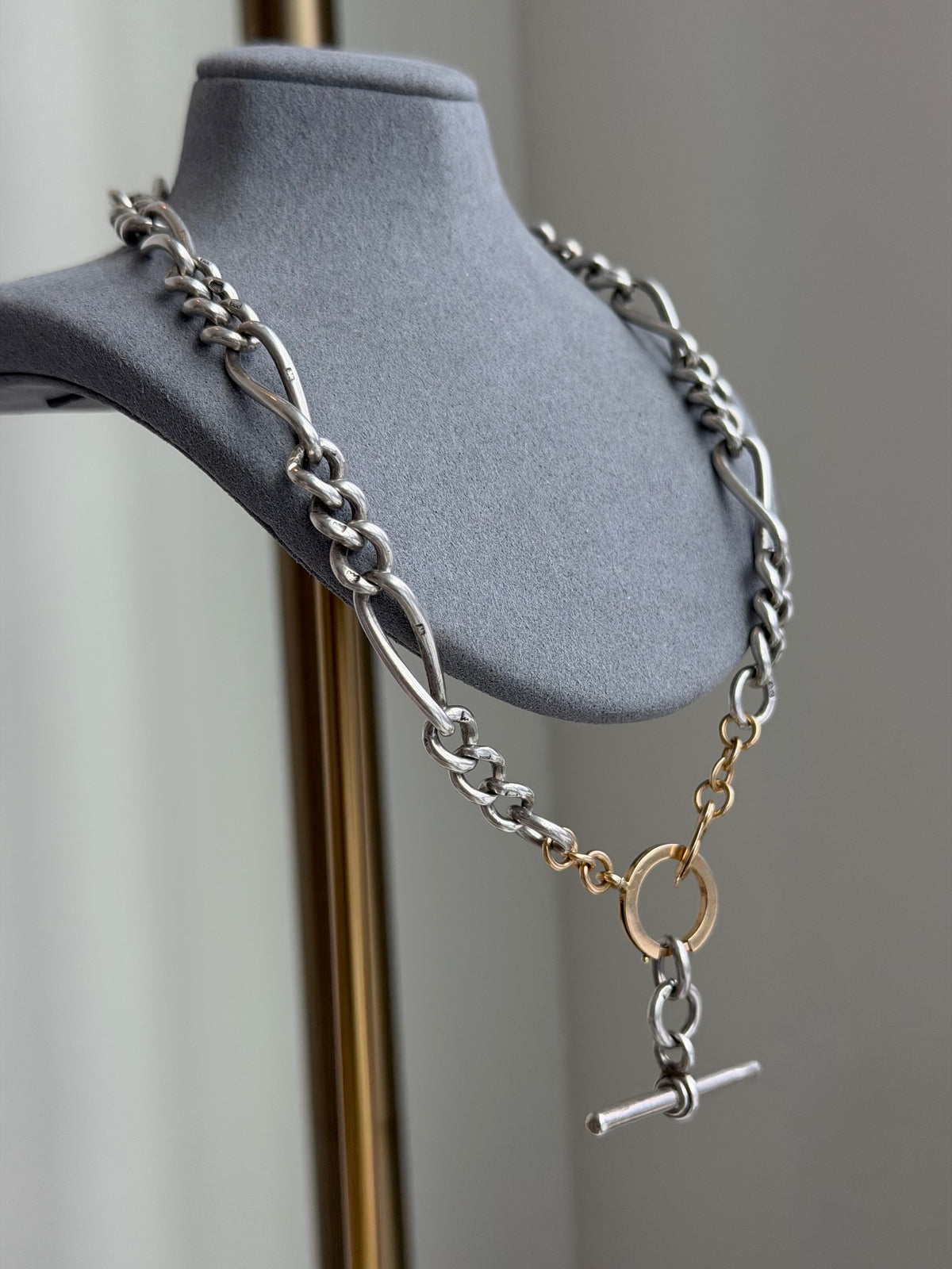 ANTIQUE SILVER & 14K GOLD ALBERT CHAIN