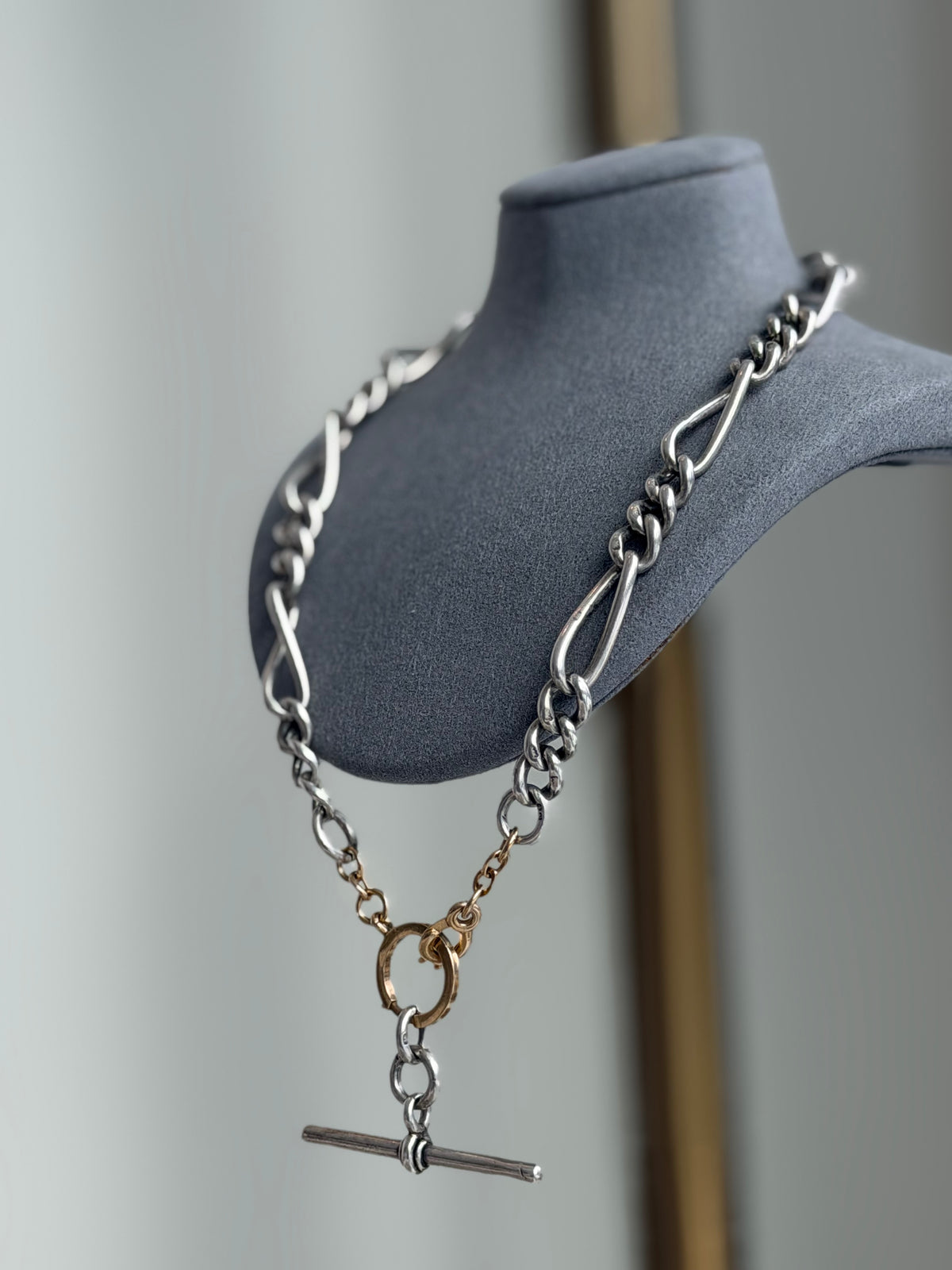 ANTIQUE SILVER & 14K GOLD ALBERT CHAIN