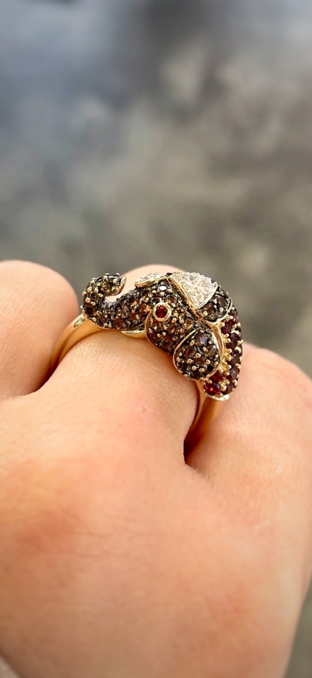 14K GOLD ELEPHANT HEAD DIAMOND, SMOKY QUARTZ & GARNET RING