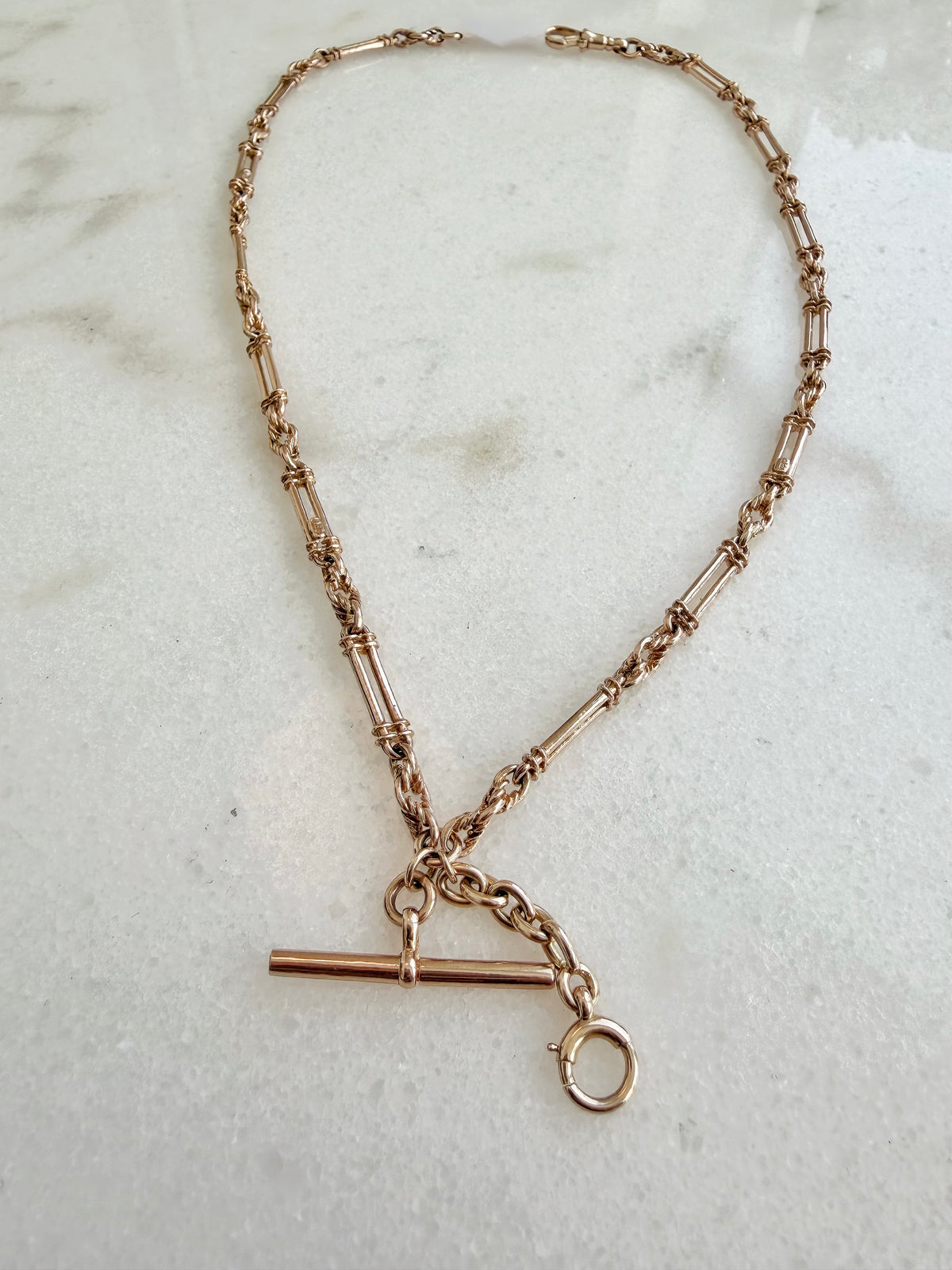 ANTIQUE 9CT GOLD FANCY TROMBONE ALBERT CHAIN