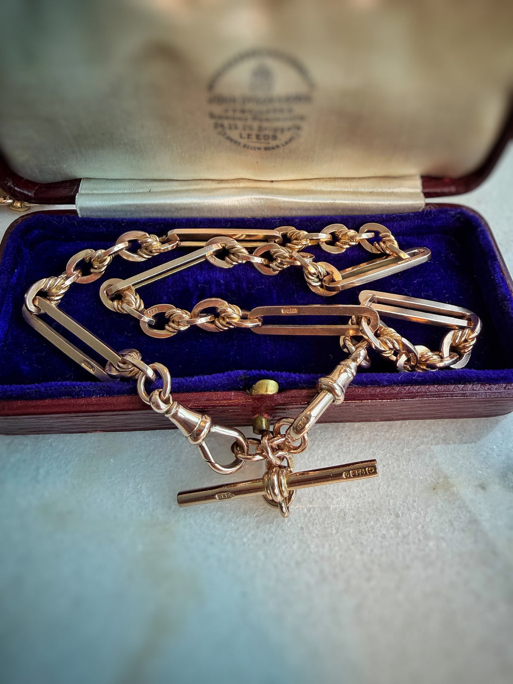 ANTIQUE 9CT GOLD TROMBONE & LOVERS KNOT DOUBLE ALBERT —BIRMINGHAM 1917