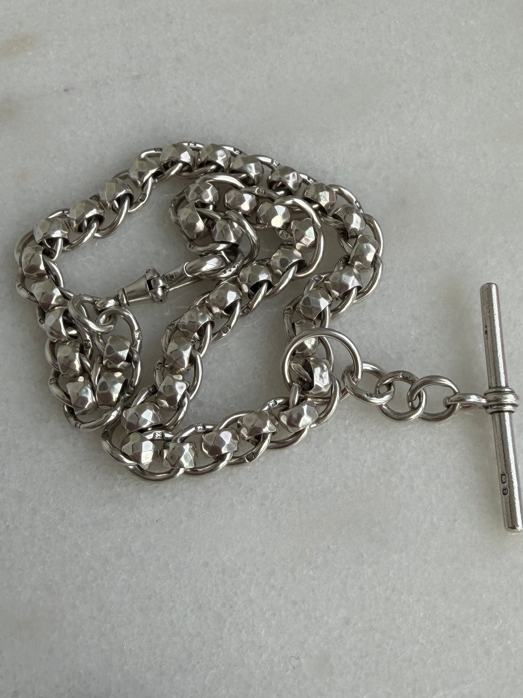 ANTIQUE STERLING SILVER FACETED ROLLERBALL ALBERT CHAIN