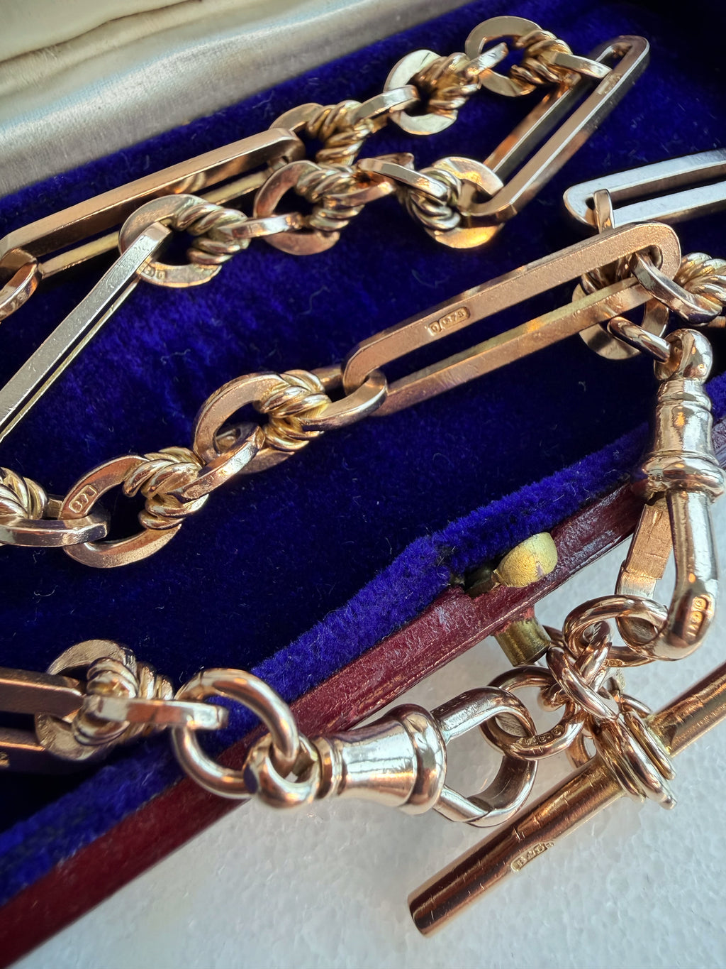 ANTIQUE 9CT GOLD TROMBONE & LOVERS KNOT DOUBLE ALBERT —BIRMINGHAM 1917