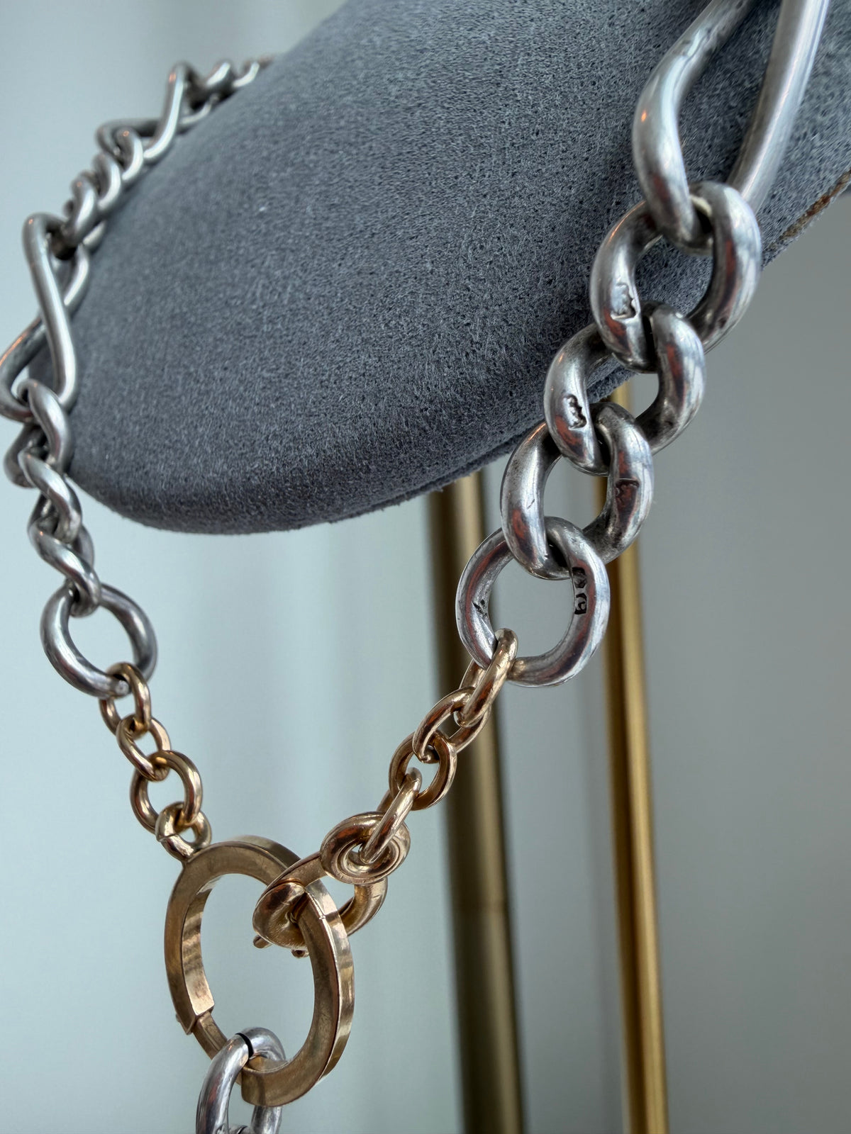 ANTIQUE SILVER & 14K GOLD ALBERT CHAIN