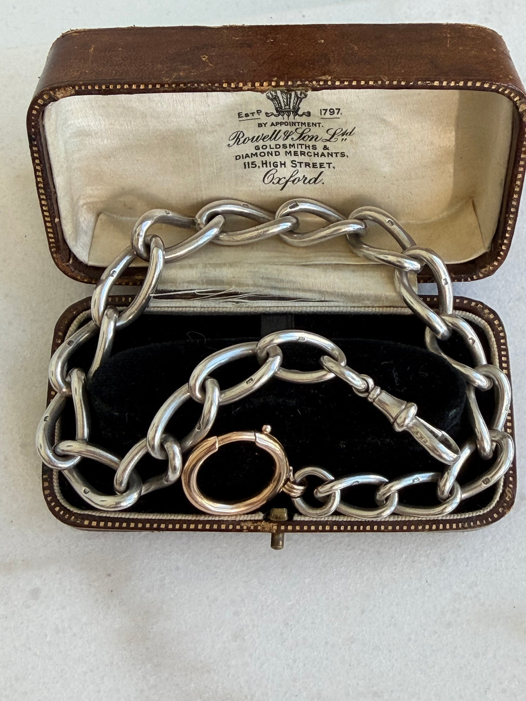 ANTIQUE 1914–15 STERLING SILVER ALBERT 15” chain & 14CT GOLD BOLT