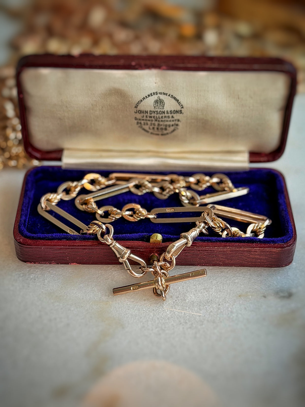 ANTIQUE 9CT GOLD TROMBONE & LOVERS KNOT DOUBLE ALBERT —BIRMINGHAM 1917