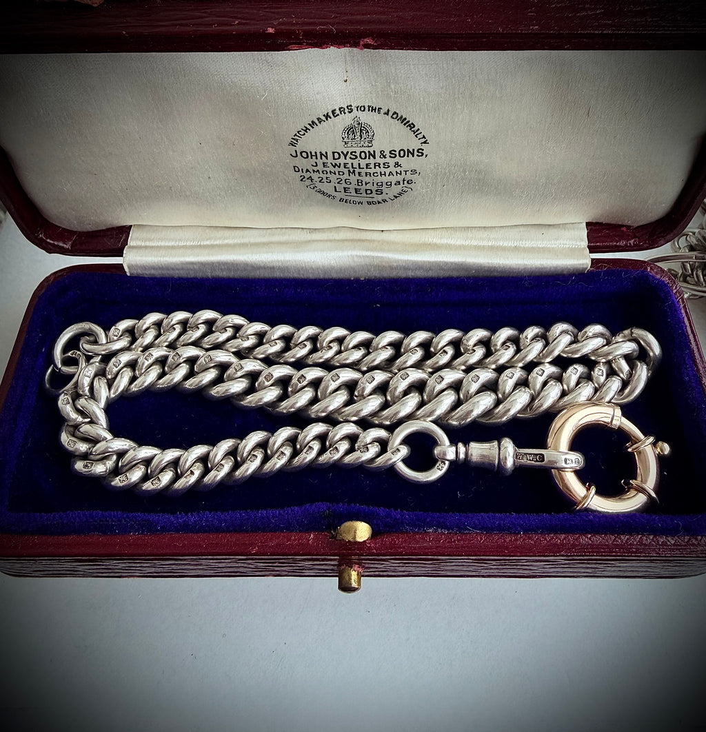 EXCEPTIONAL ANTIQUE ALBERT — STERLING SILVER & 10CT GOLD