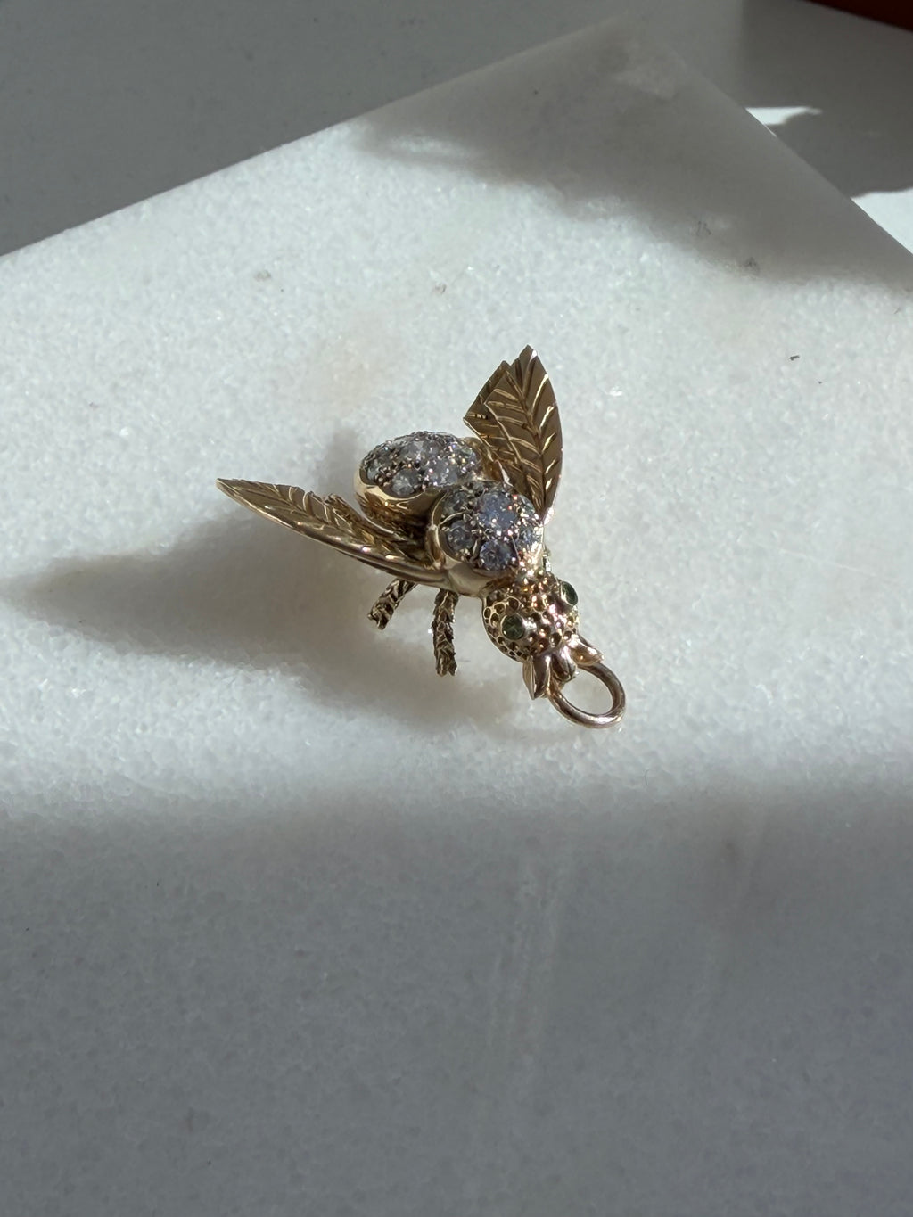 Vintage 14K Diamond Bee Pendant — Peridot Eyes