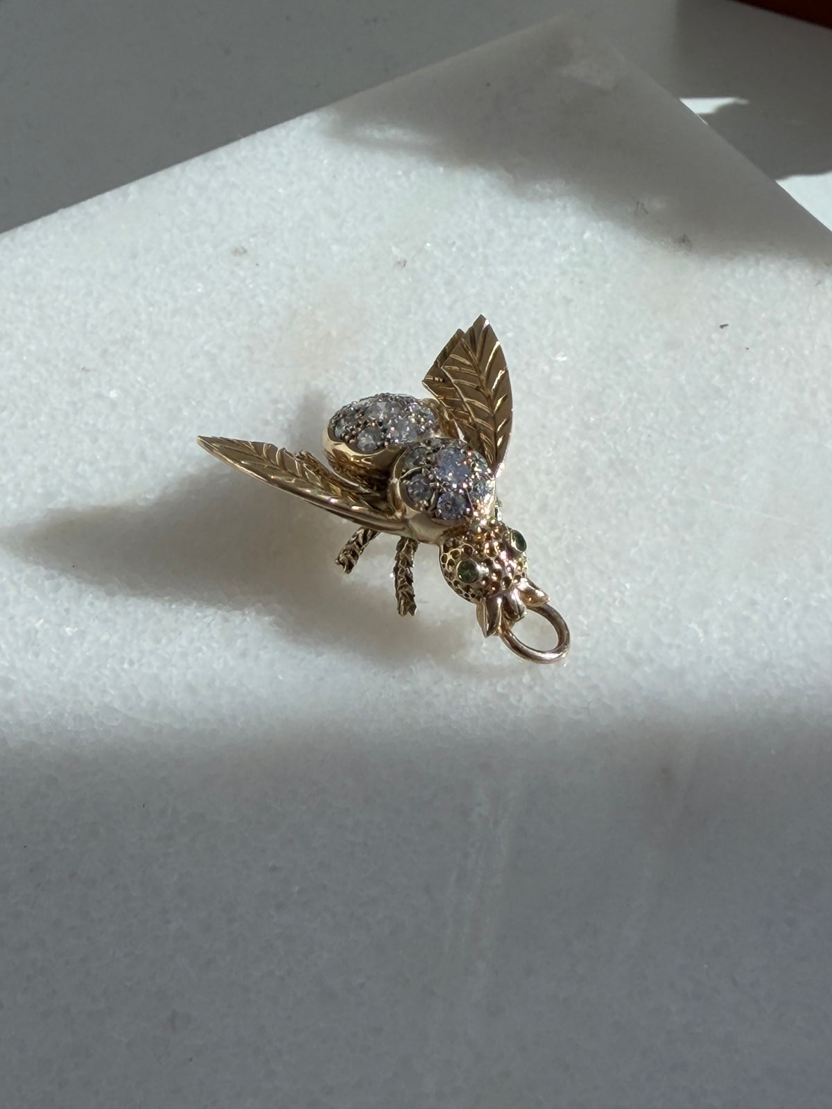 Vintage 14K Diamond Bee Pendant — Peridot Eyes
