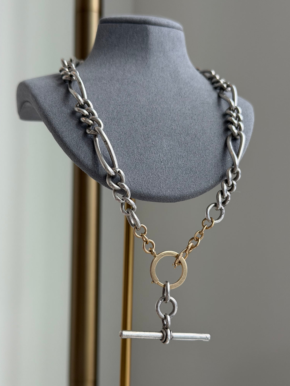 ANTIQUE SILVER & 14K GOLD ALBERT CHAIN