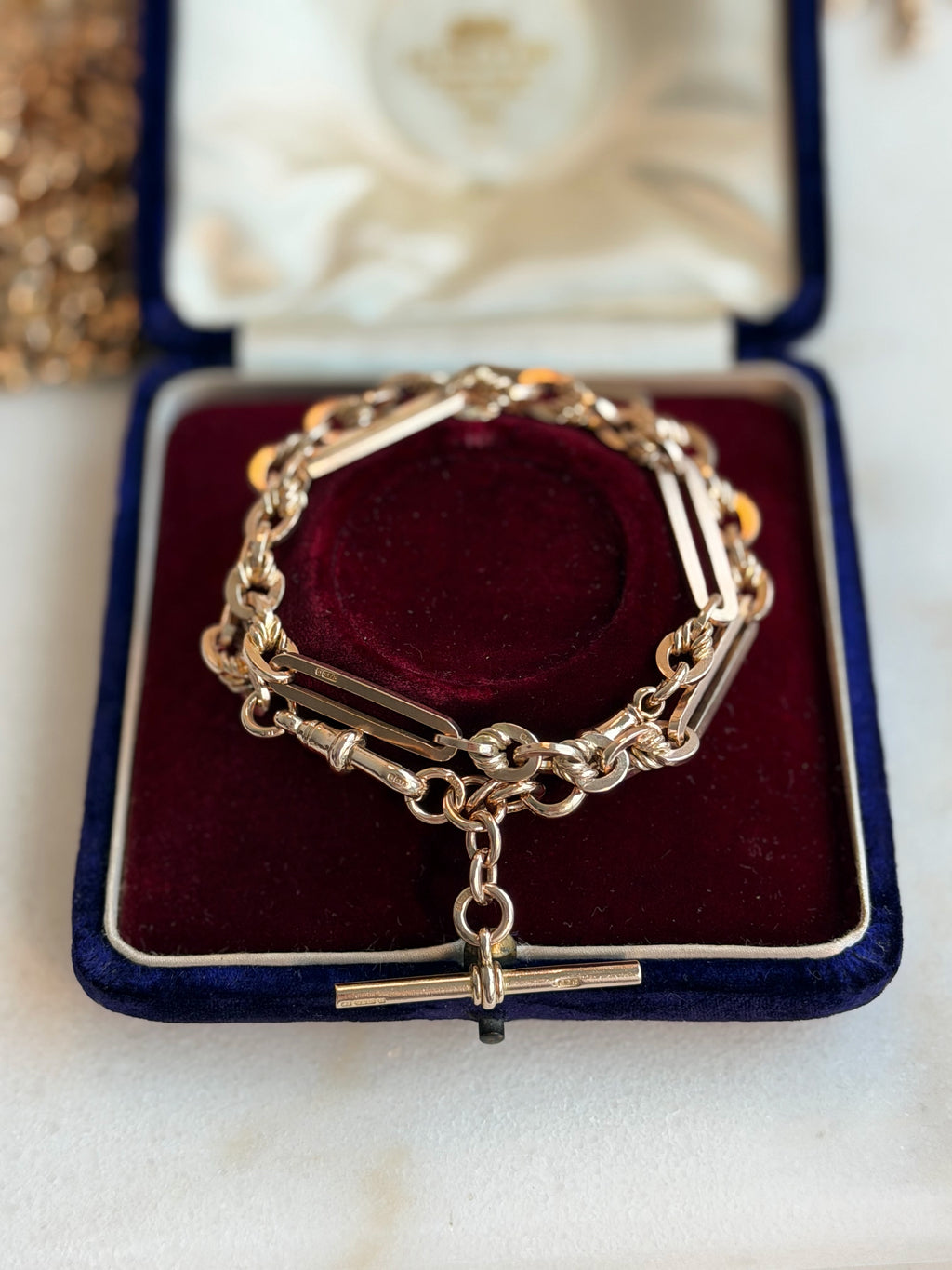 ANTIQUE 9CT GOLD TROMBONE & LOVERS KNOT DOUBLE ALBERT —BIRMINGHAM 1917