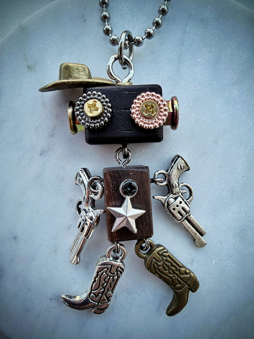 HANDCRAFTED COWBOY ROBOT PENDANT NECKLACE