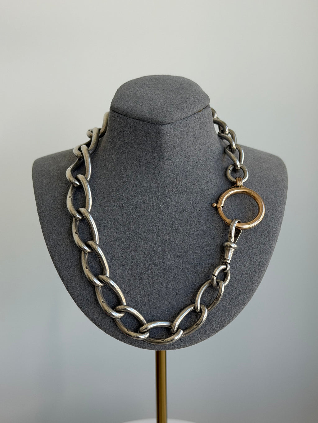 ANTIQUE 1914–15 STERLING SILVER ALBERT 15” chain & 14CT GOLD BOLT