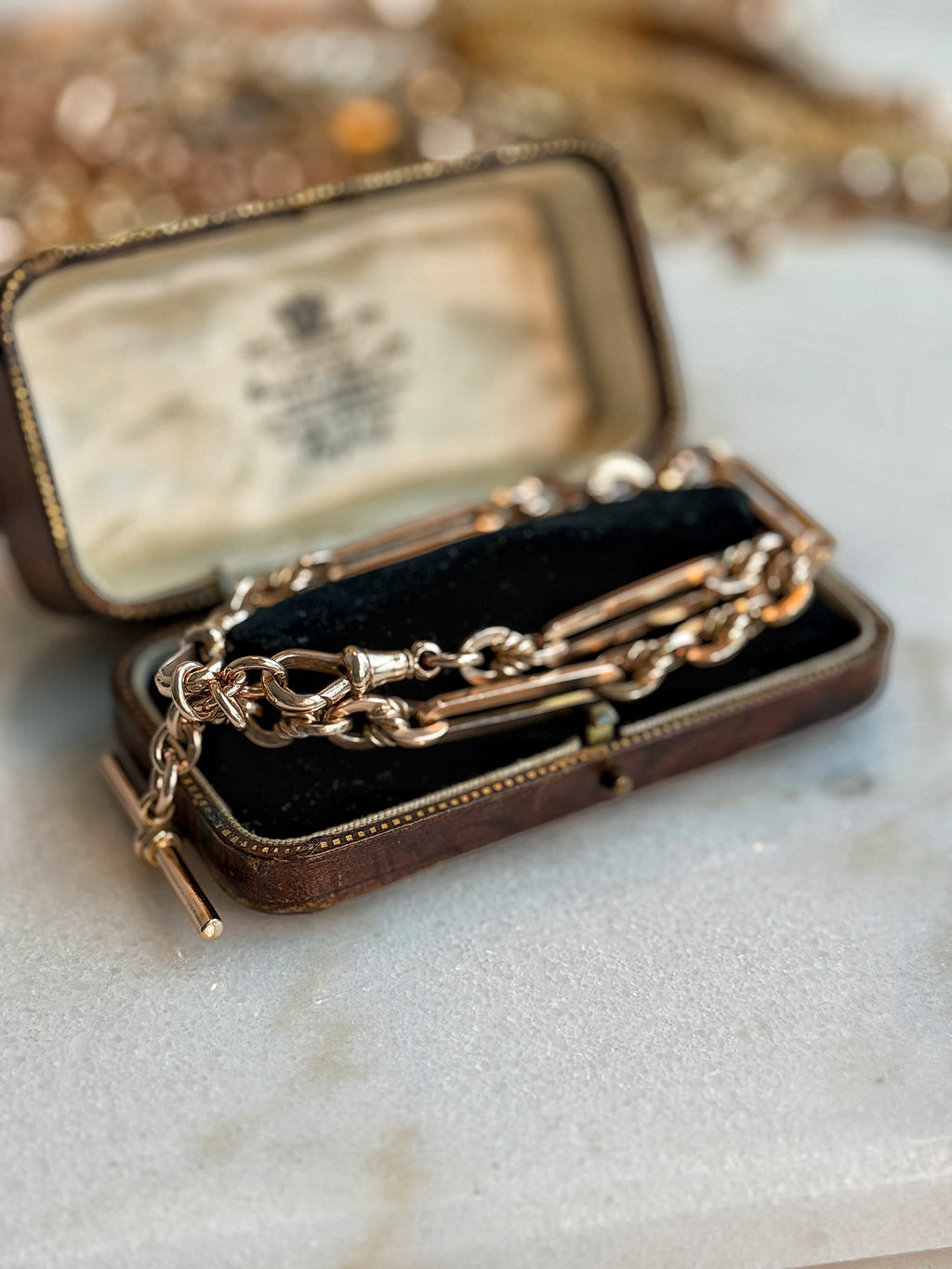 ANTIQUE 9CT GOLD TROMBONE & LOVERS KNOT DOUBLE ALBERT —BIRMINGHAM 1917