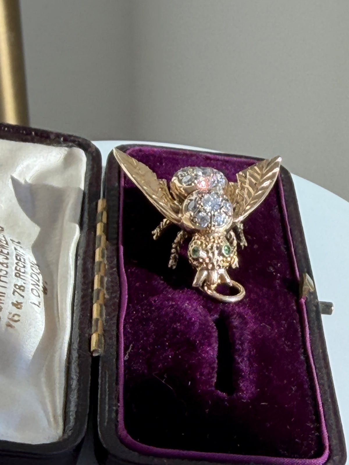 Vintage 14K Diamond Bee Pendant — Peridot Eyes
