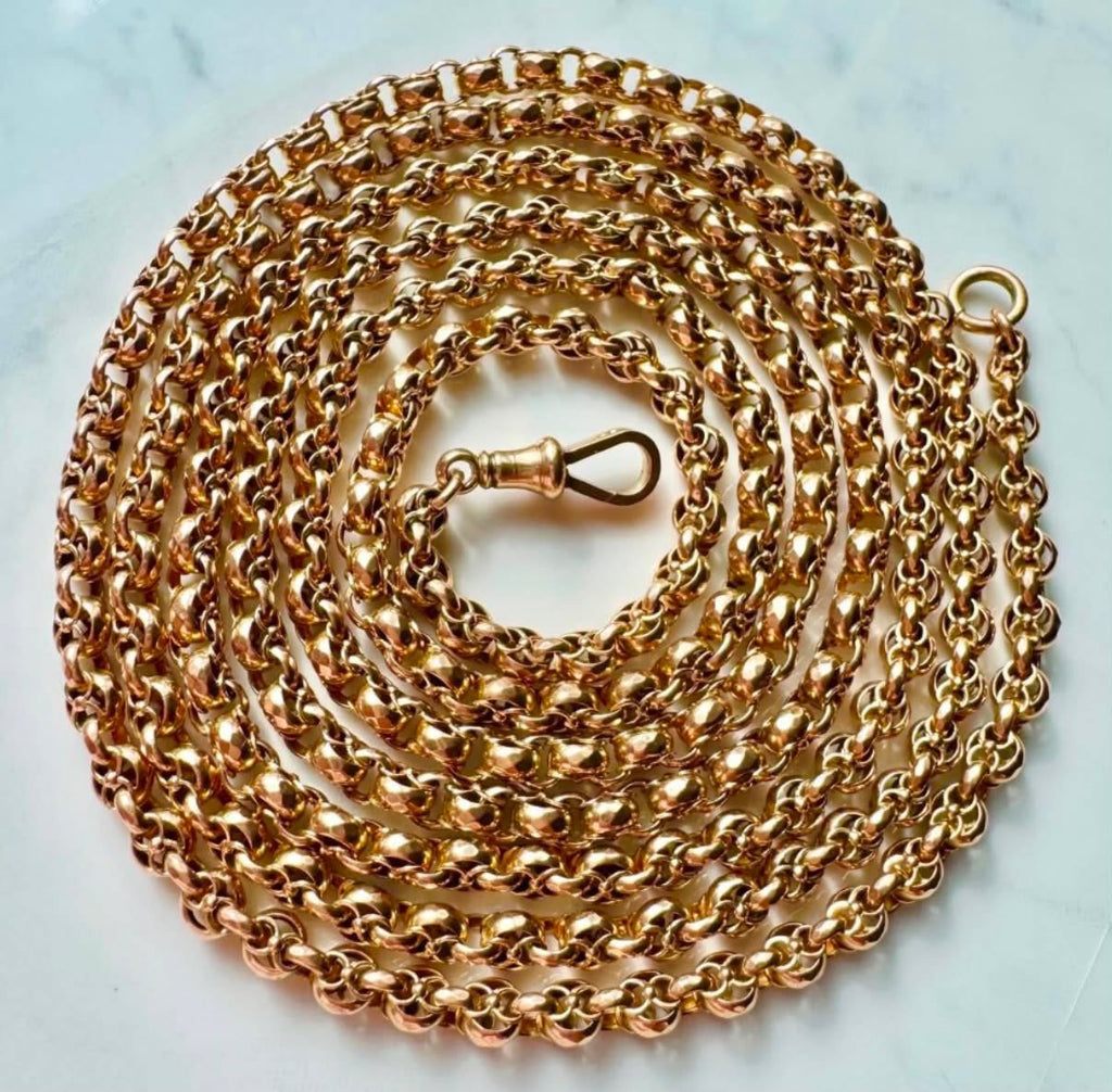 Antique British 9ct Gold Long Guard Chain – 58.5” | 72.5g