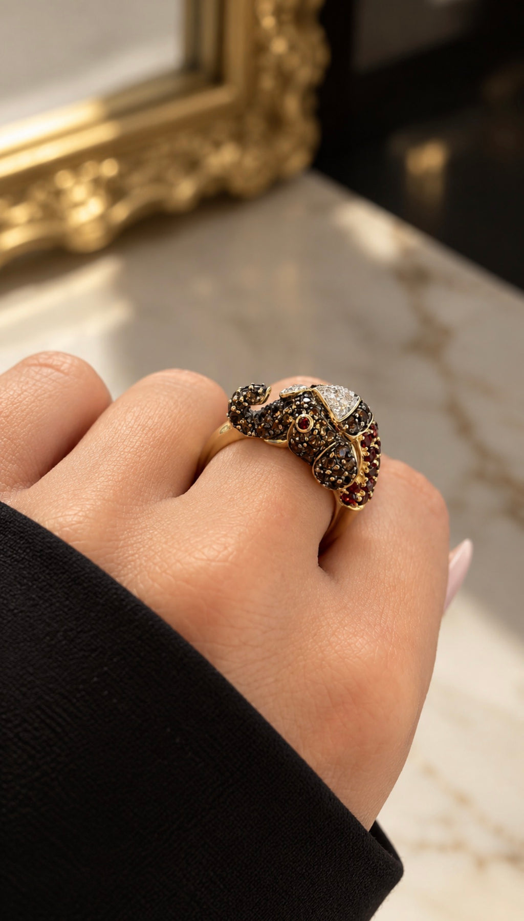 14K GOLD ELEPHANT HEAD DIAMOND, SMOKY QUARTZ & GARNET RING