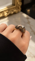 14K GOLD ELEPHANT HEAD DIAMOND, SMOKY QUARTZ & GARNET RING