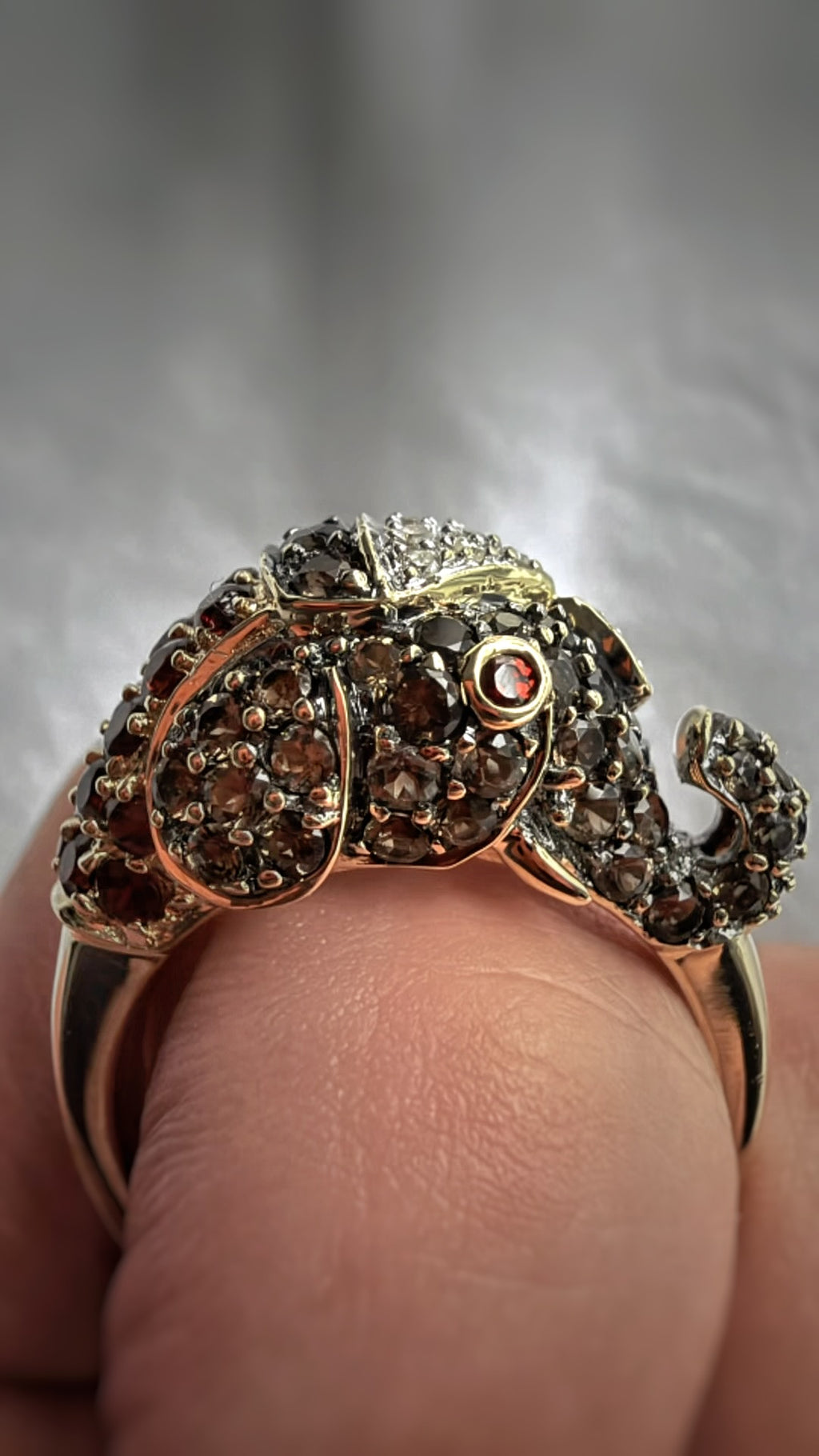 14K GOLD ELEPHANT HEAD DIAMOND, SMOKY QUARTZ & GARNET RING