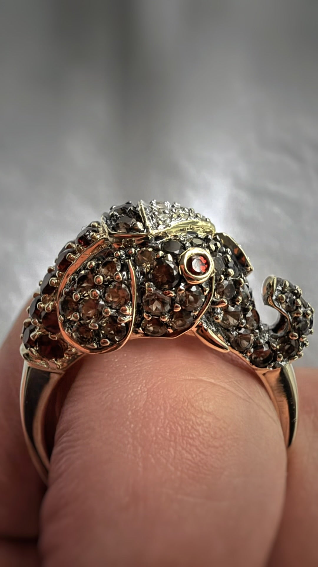 14K GOLD ELEPHANT HEAD DIAMOND, SMOKY QUARTZ & GARNET RING