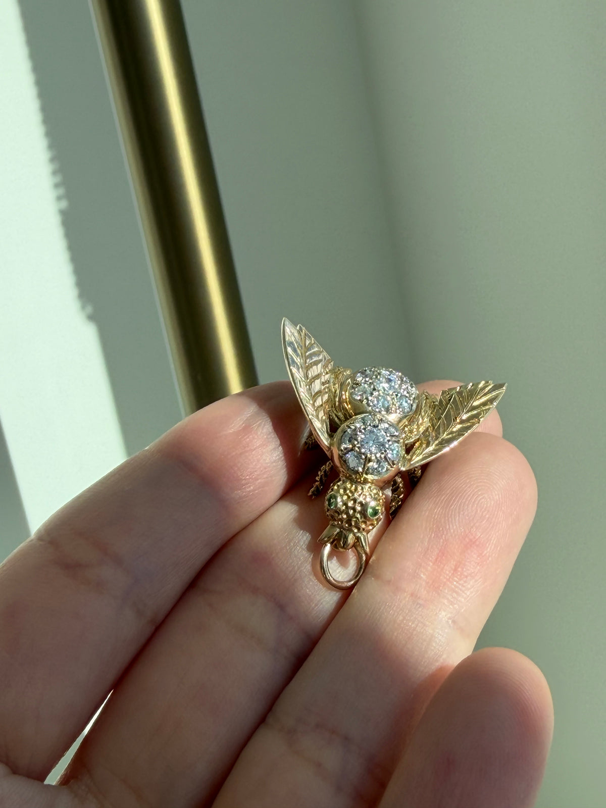 Vintage 14K Diamond Bee Pendant — Peridot Eyes