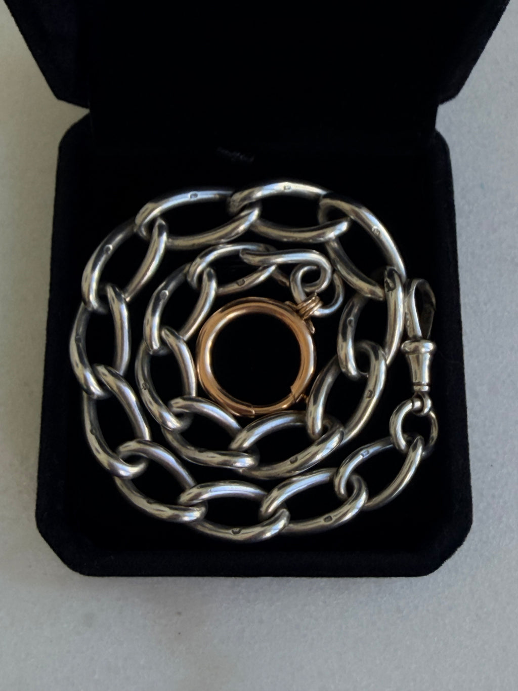 ANTIQUE 1914–15 STERLING SILVER ALBERT 15” chain & 14CT GOLD BOLT