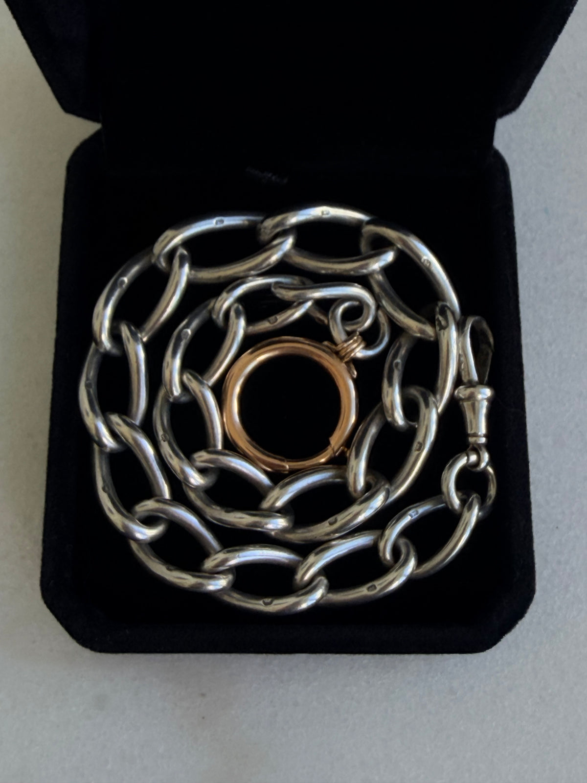 ANTIQUE 1914–15 STERLING SILVER ALBERT 15” chain & 14CT GOLD BOLT