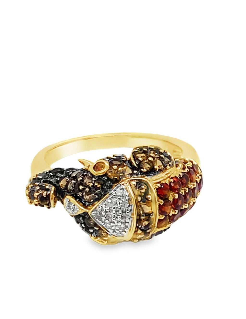 14K GOLD ELEPHANT HEAD DIAMOND, SMOKY QUARTZ & GARNET RING