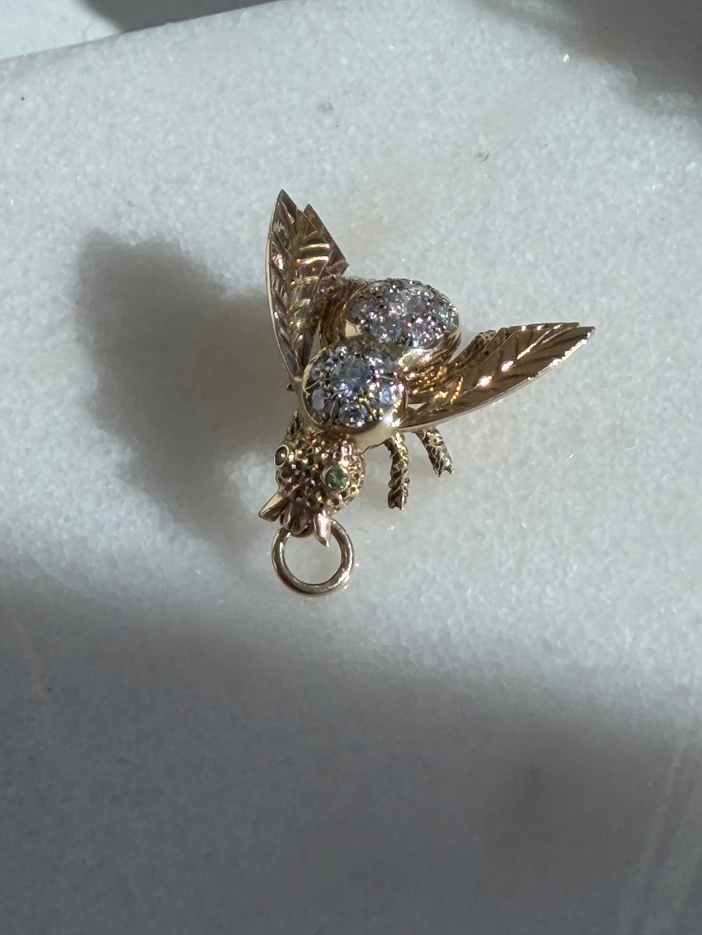 Vintage 14K Diamond Bee Pendant — Peridot Eyes