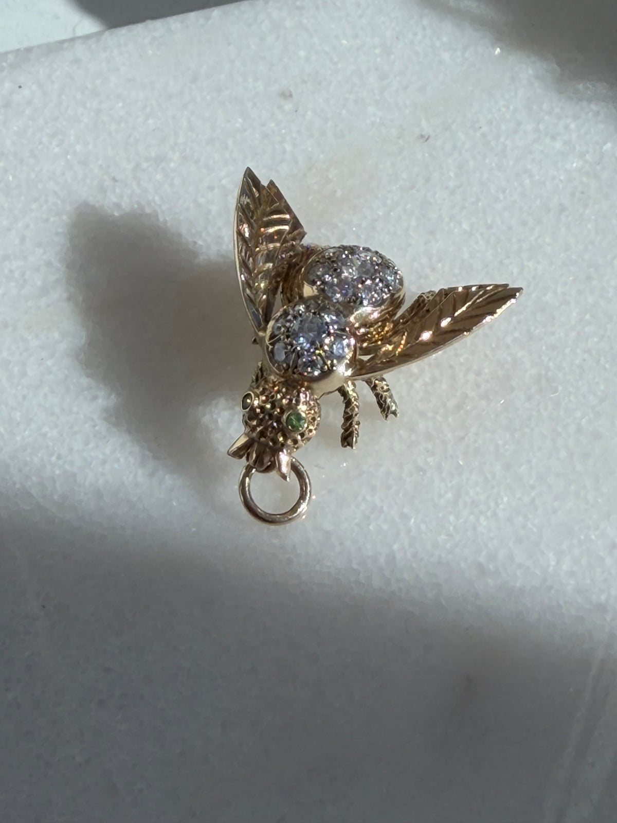 Vintage 14K Diamond Bee Pendant — Peridot Eyes