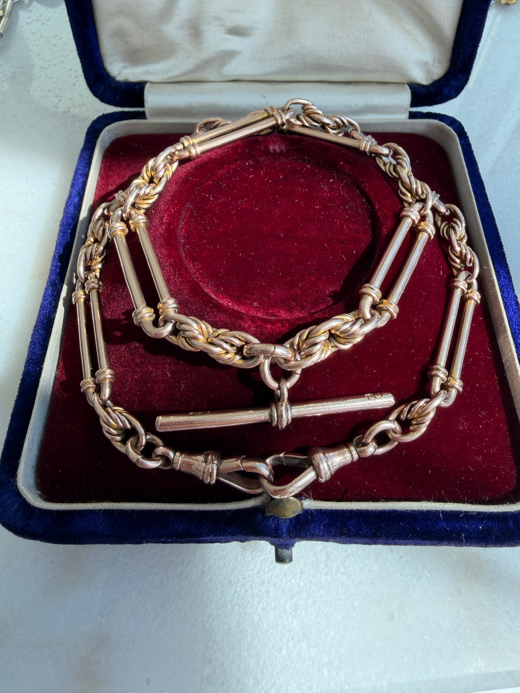 Antique 9ct Rose Gold Fetter Trombone Albert Chain
