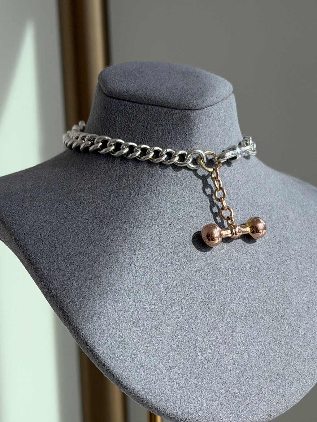ANTIQUE SILVER ALBERT BRACELET + 9CT GOLD T-BAR