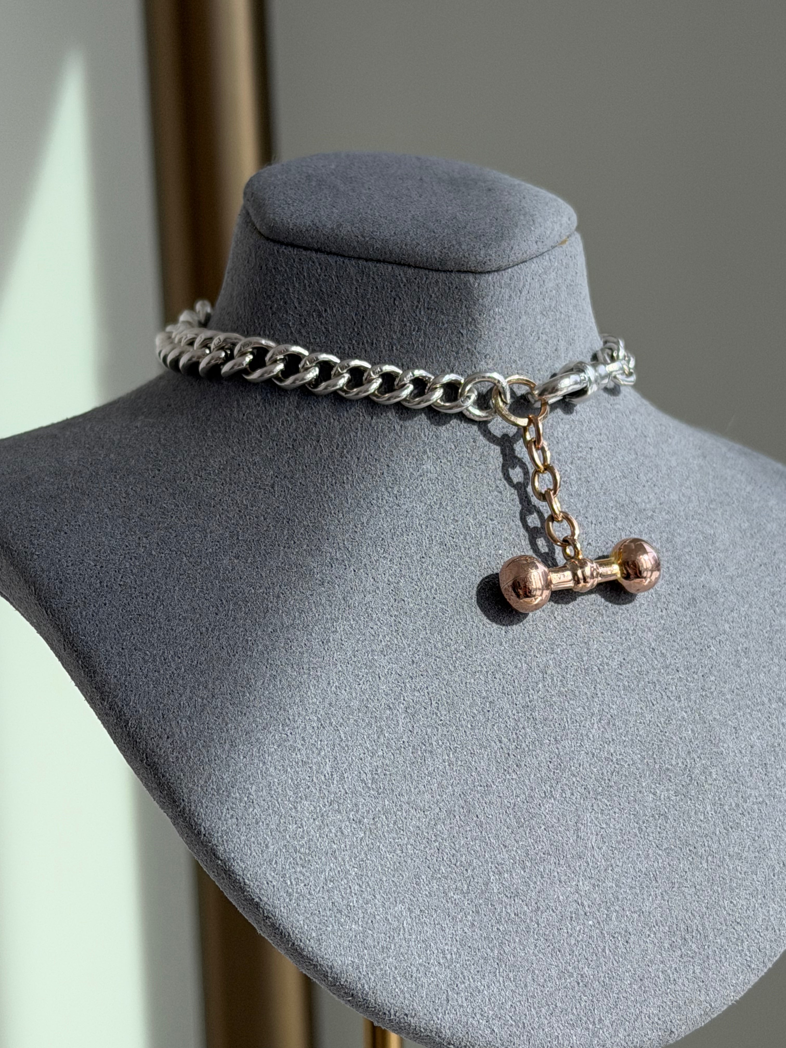 ANTIQUE SILVER ALBERT BRACELET + 9CT GOLD T-BAR