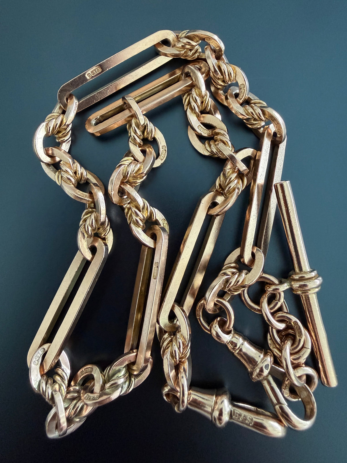 ANTIQUE 9CT GOLD TROMBONE & LOVERS KNOT DOUBLE ALBERT —BIRMINGHAM 1917